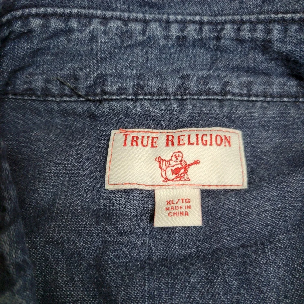 True Religion Mens XL Denim Western Button Down Shirt Blue Horseshoe Logo